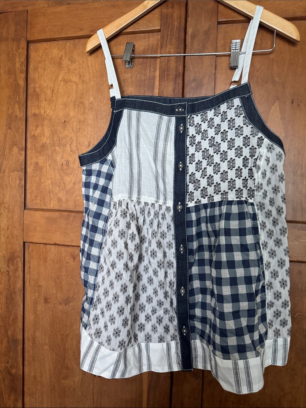 Women’s Pilcro Patchwork Navy & White Spaghetti-Strap Top